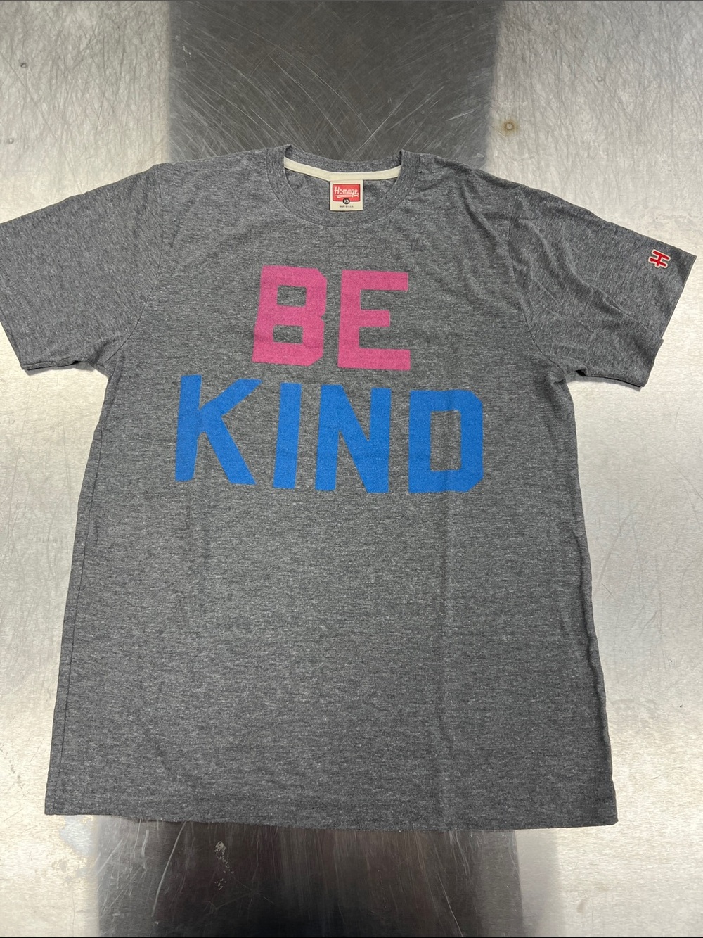 HOMAGE Gray Tee with Pink & Blue "BE KIND" Graphic